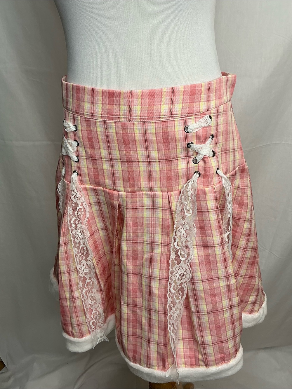 2212 - ROMWE Pink Plaid Lace-Up Skater Skirt with White Trim